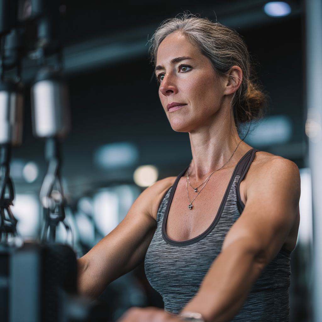 50 years old woman working out with professional fitness equipment in modern training facility