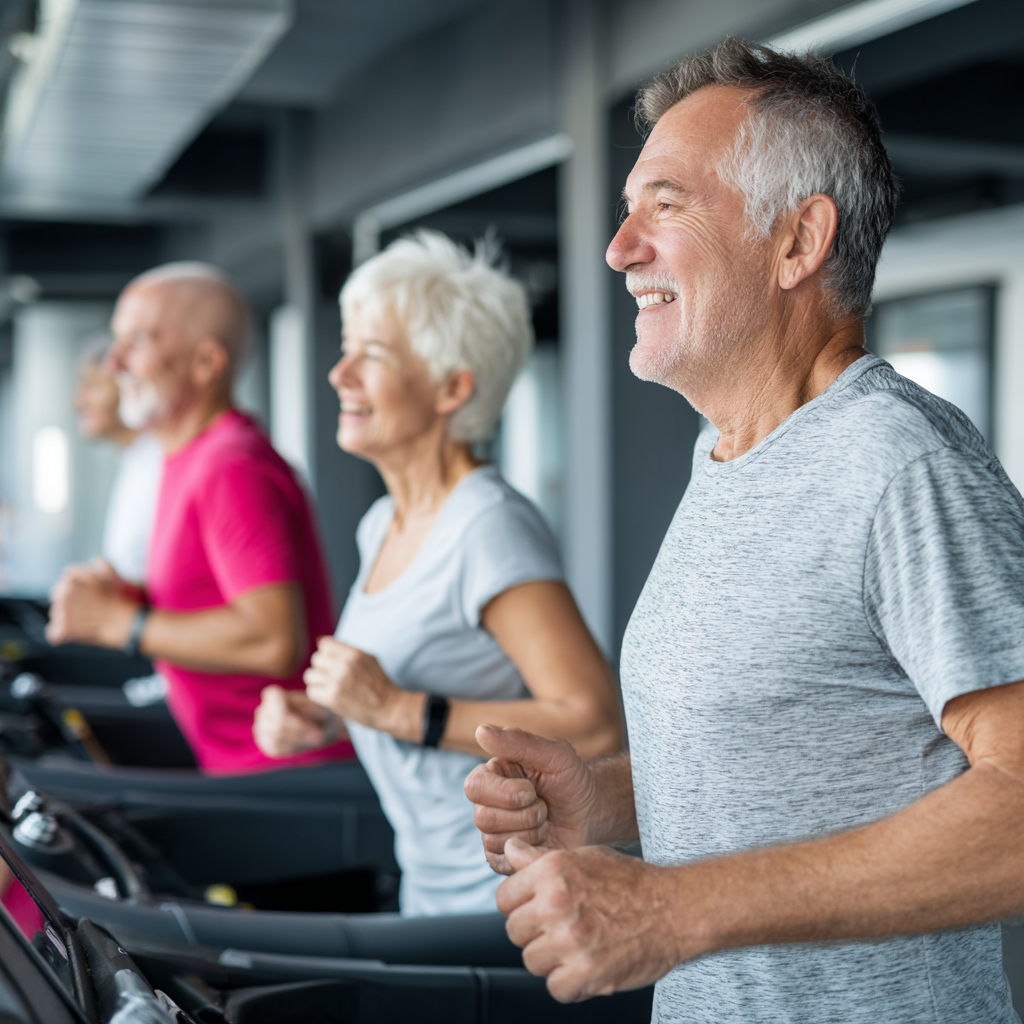 Group of 53 years old adults at cardio training