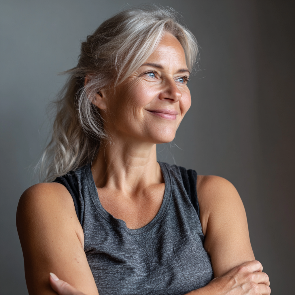 Portrait of satisfied 52 years old woman who transformed her lifestyle through fitness